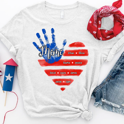 Custom Mimi Shirt, American Flag Handprint with Family Names, Personalized Gift for Mimi, Patriotic Grandkids Shirt