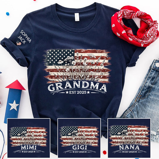 Personalized Grandma Est 2025 Shirt, Custom Nana Mimi Gigi Grandma Tee With Kids Names On Sleeve, Patriotic Floral American Flag Shirt Family Grandkids Gift U.S. 250th Anniversary Apparel