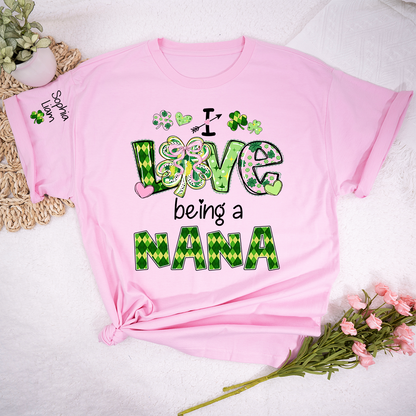 Personalized Patrick’s Day Nana Shirt, I Love Being a Nana Shamrock Design, Custom Grandma Shirt with Kids Names