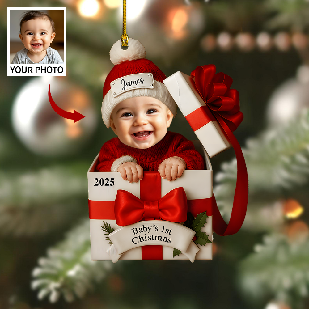 Personalized Baby’s 1st Christmas Ornament 2025 – Custom Photo Gift Box Ornament, Baby Face Christmas Keepsake