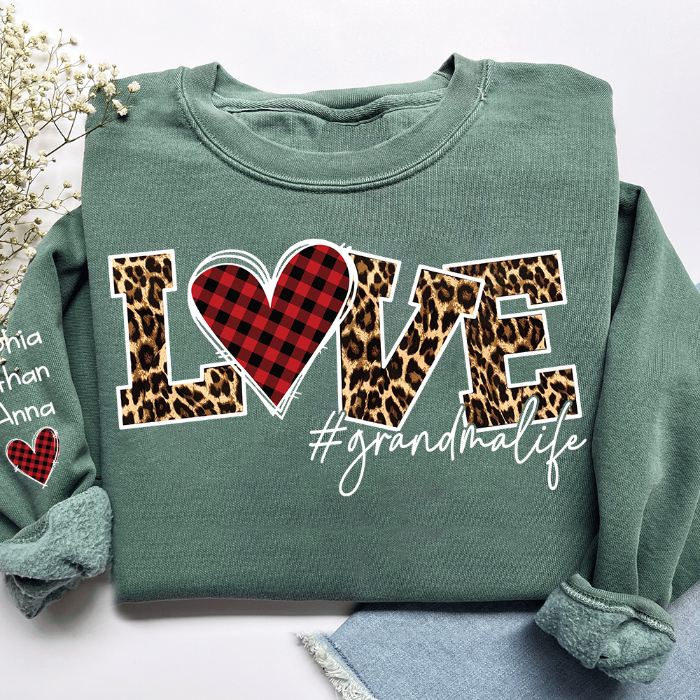 Grandma Sweatshirt Personalized with Names, Love Leopard Print Heart, Cozy Family Crewneck for Grandma
