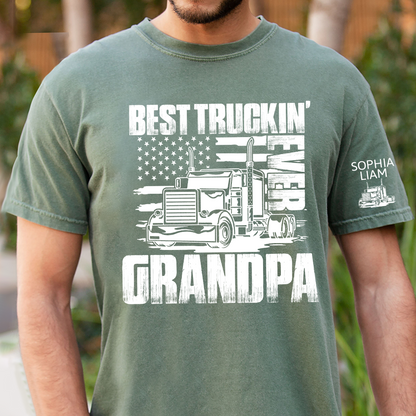 Personalized Best Truckin' Grandpa Ever, 4th July Independence Day American Flag T-Shirt For Gift Grandpa And Kids