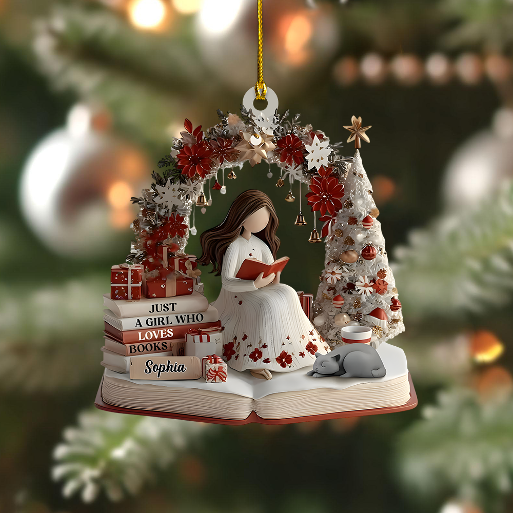 Personalized Book Lover Ornament – Custom Girl Reading Figure Christmas Decor for Readers Ornament