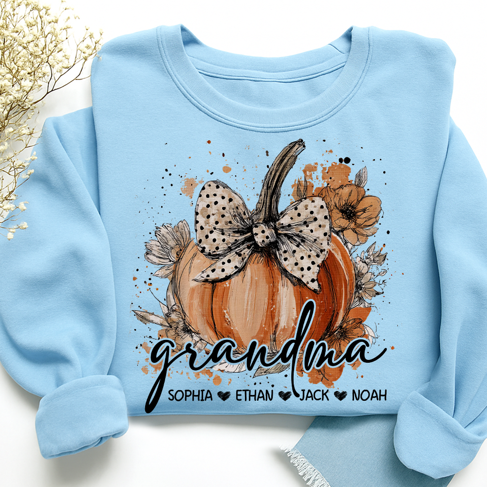 Custom Grandma Pumpkin Shirt, Cozy Autumn Sweatshirt with Kids Names