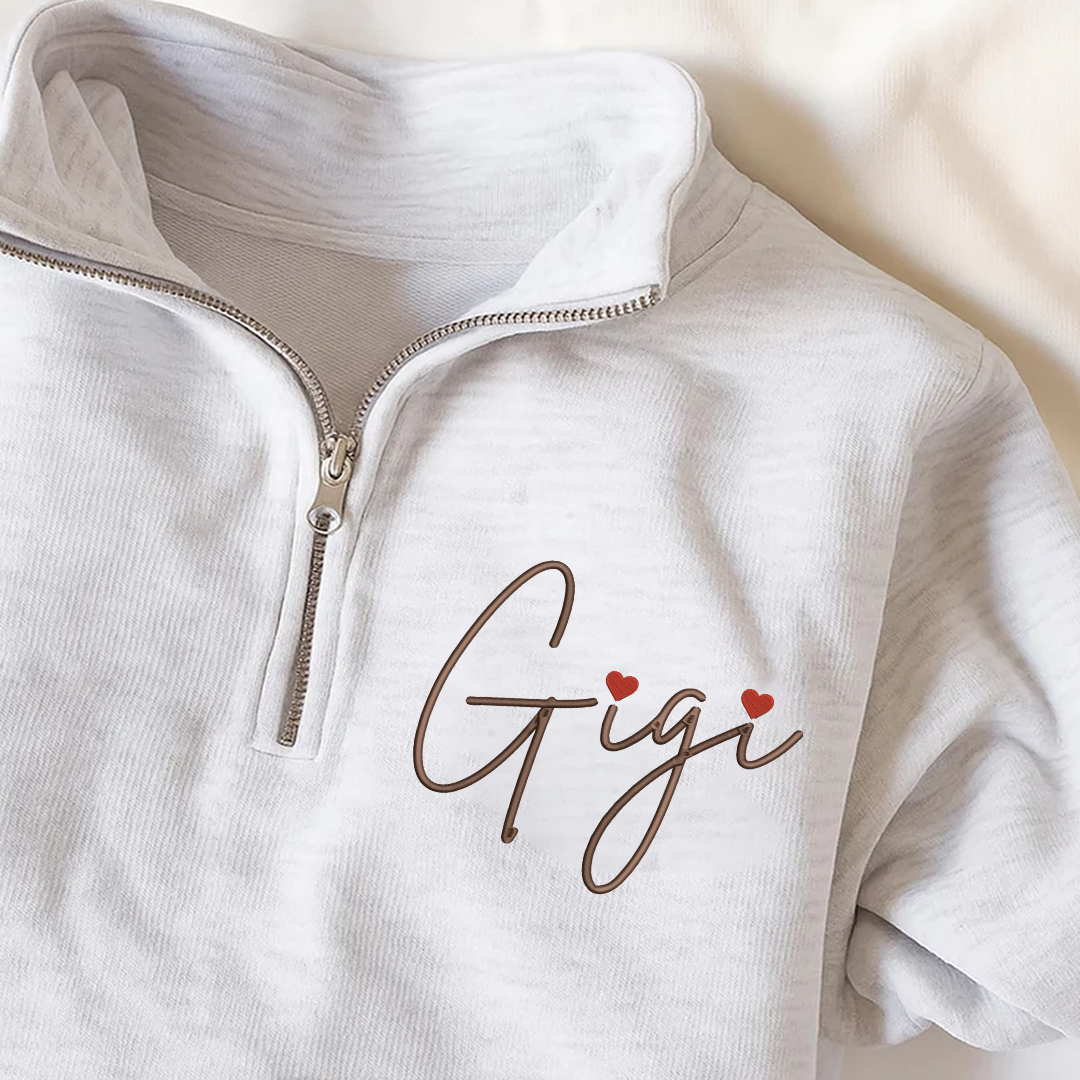 Gigi Heart Embroidered Quarter Zip, Personalized Name Sweater for Grandma