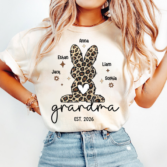 Personalized Grandma Easter Bunny Leopard Print T-shirt, Custom Grandma And Kids