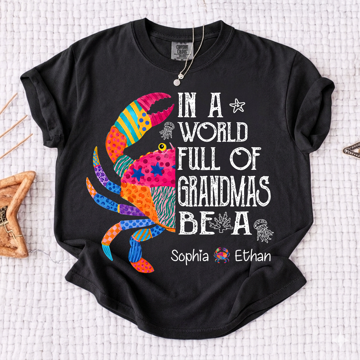 Comfort Colors® In A World Full Of Grandmas Be A Crab Shirt, Personalized Grandma Tee with Kids Names, Coastal Graphic Shirt