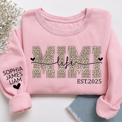 Mimi Life Leopard Sweatshirt, Personalized Grandma Est With Grandchildren Names
