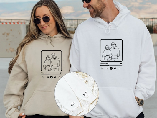 Custom Couple Portrait Hoodie, Portrait Outline from Photo Hoodie, Names on Sleeve Hoodie, Personalized Couple Gifts, Valentine Day Gifts Sweatshirt Hoodie
