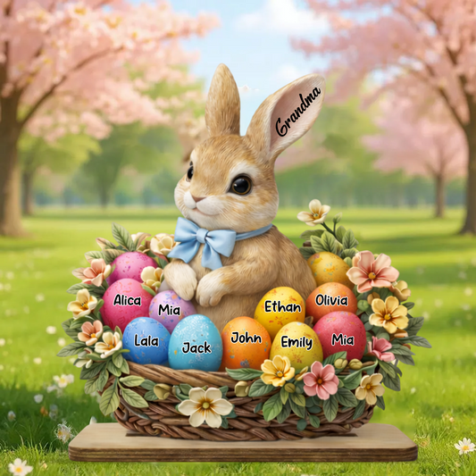 Personalized Easter Bunny Basket Wooden Plaque - Custom Grandkids' Names, "Grandma" Easter Decor with Floral and Egg Design