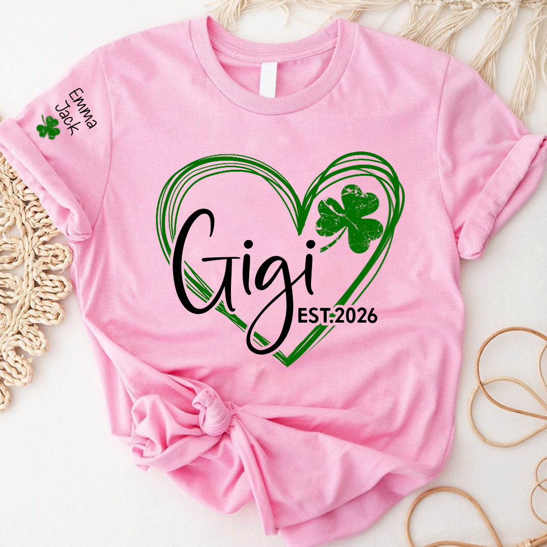 Cute Green T-Shirt With Gigi Shamrock Heart Print For St. Patrick's Day, With Your Grandchildren's Names