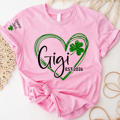 Cute Green T-Shirt With Gigi Shamrock Heart Print For St. Patrick's Day, With Your Grandchildren's Names