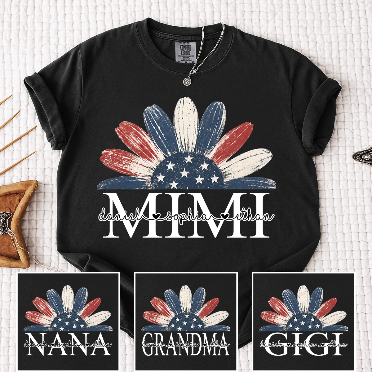 Comfort Colors Floral Mimi T Shirt, Custom Name Design with American Flag, Personalized Grandma Gift, Patriotic 4th of July Shirt