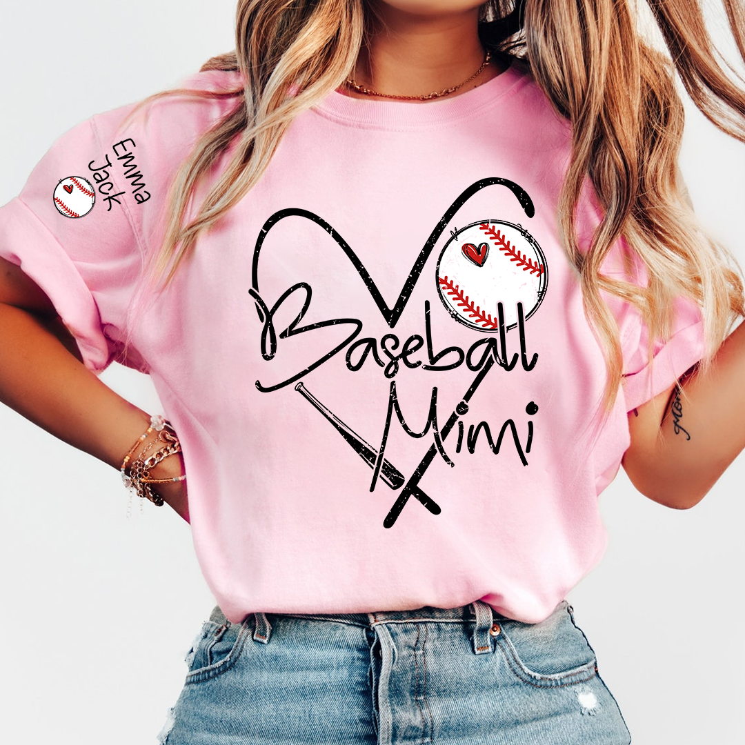 Baseball Mimi Shirt Personalized with Grandkids Names, Heart and Bat Sports Family T Shirt