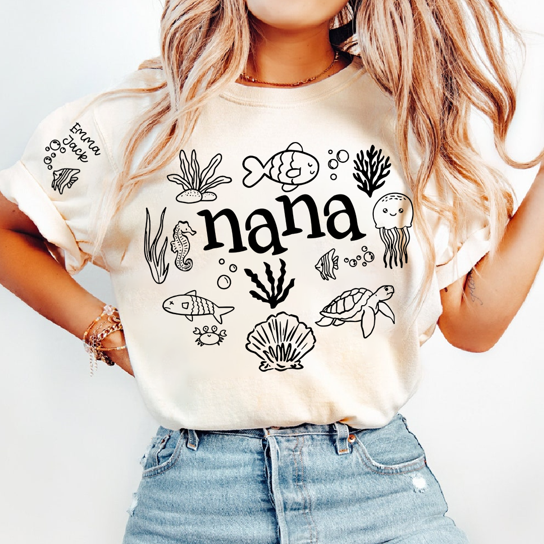 Nana Sea Life T Shirt for Women Personalized Ocean Animal Shirt for Grandma Mom Gifts