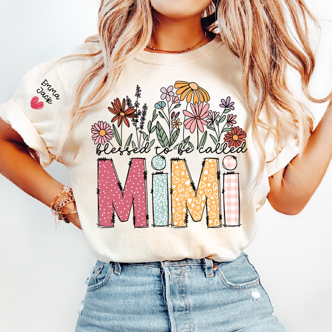 Blessed to Be Called Mimi Shirt Personalized with Grandkids Names, Floral Design