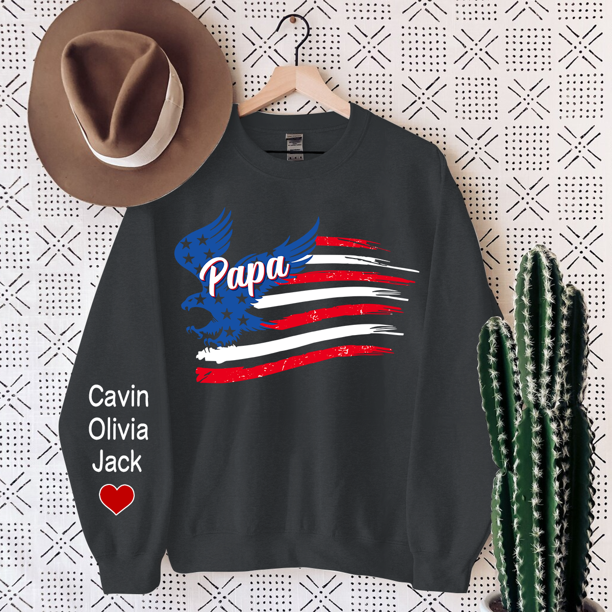 Personalized Papa American Flag, Custom Papa And Kids Sweatshirt