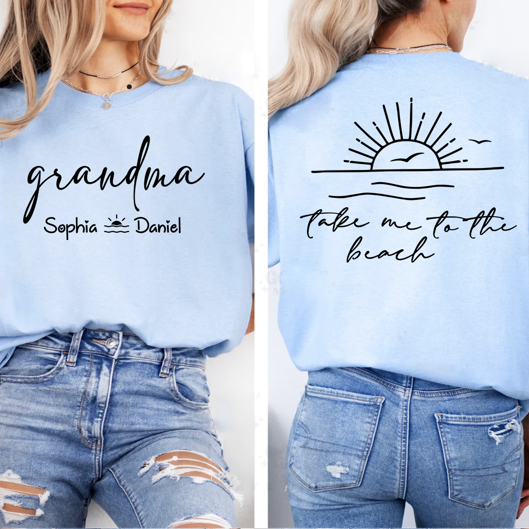 Custom Grandma Shirt with Grandchildren Names, Beach Vacation Back Graphic Tee, Personalized Family Summer Apparel for Women