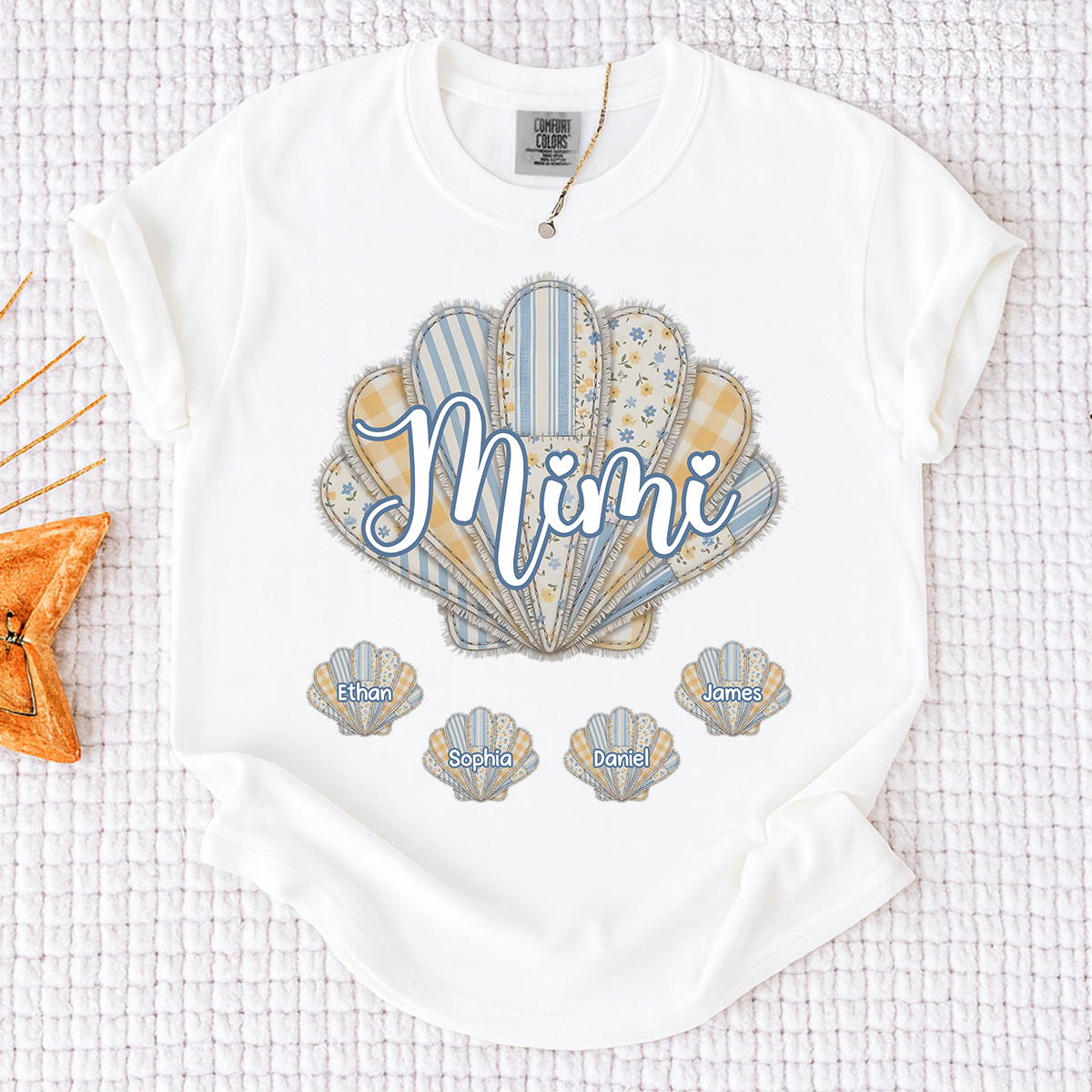 Comfort Colors Personalized Mimi Shirt with Grandkids Names, Custom Seashell Patchwork Graphic Tee, Beach Grandma Summer Family Shirt