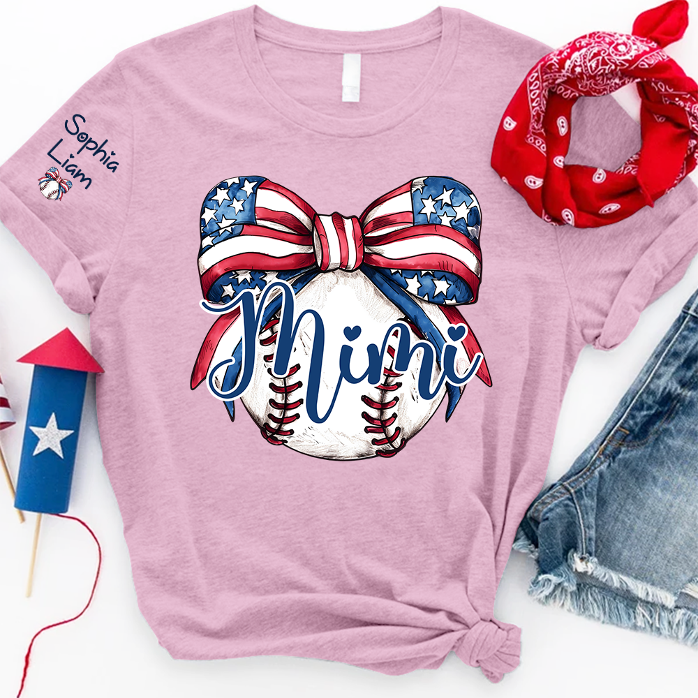 Personalized Mimi Baseball Shirt, Custom Grandma Baseball Bow T Shirt with Kids Names, Patriotic Family Gift for 4th of July