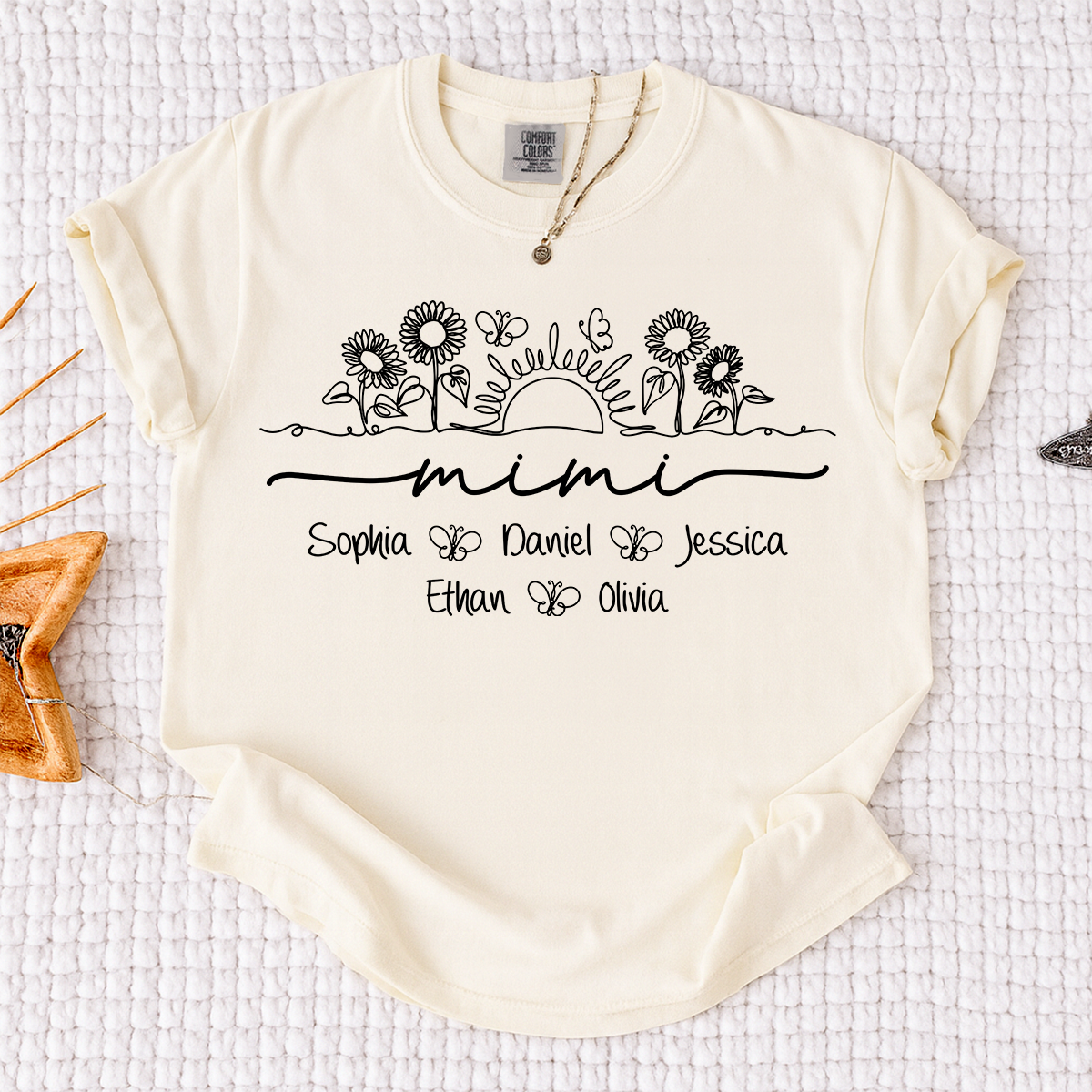 Comfort Colors Custom Mimi T Shirt with Grandchildren Names, Sunflower Garden Graphic Tee, Personalized Family Apparel for Women