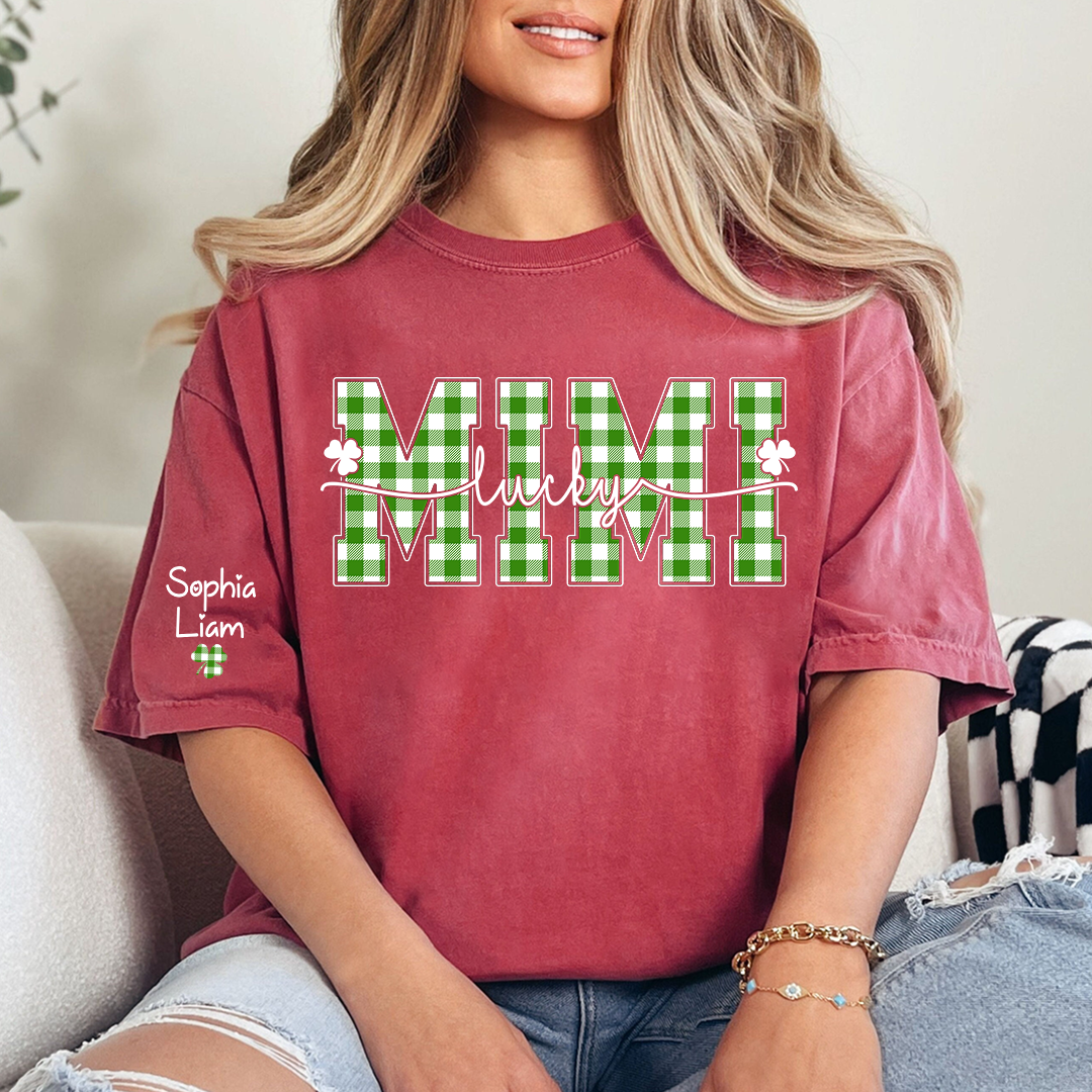 Lucky Mimi Shirt with Shamrock Design, Personalized Grandma Name Tee, St Patrick’s Day Family Shirt for Mimi