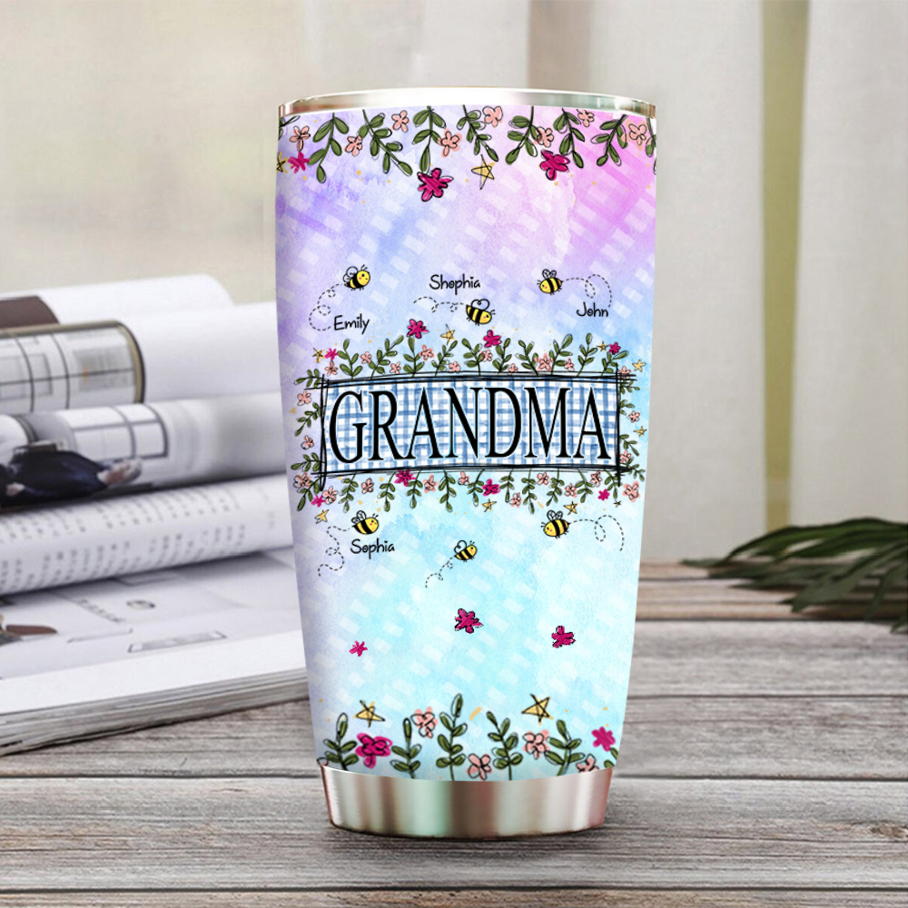 Personalized Water Cups, Custom Flower Grandma And The Kids Bee. Portable Water Cup With Lid