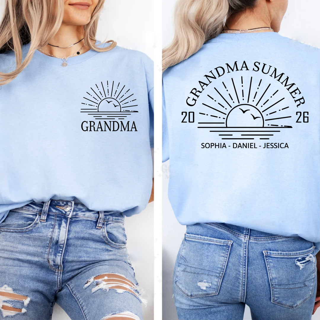Custom Grandma Shirt with Grandchildren Names, Grandma Summer 2026 Beach Graphic Tee, Personalized Family Vacation Apparel