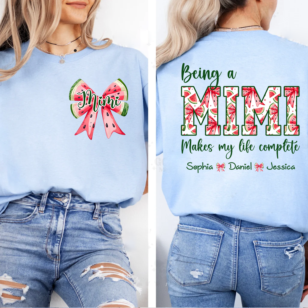 Mimi Custom Family Tee, Cute Watermelon Bow Shirt with Children’s Names, Gift for Mom Nana or Grandma