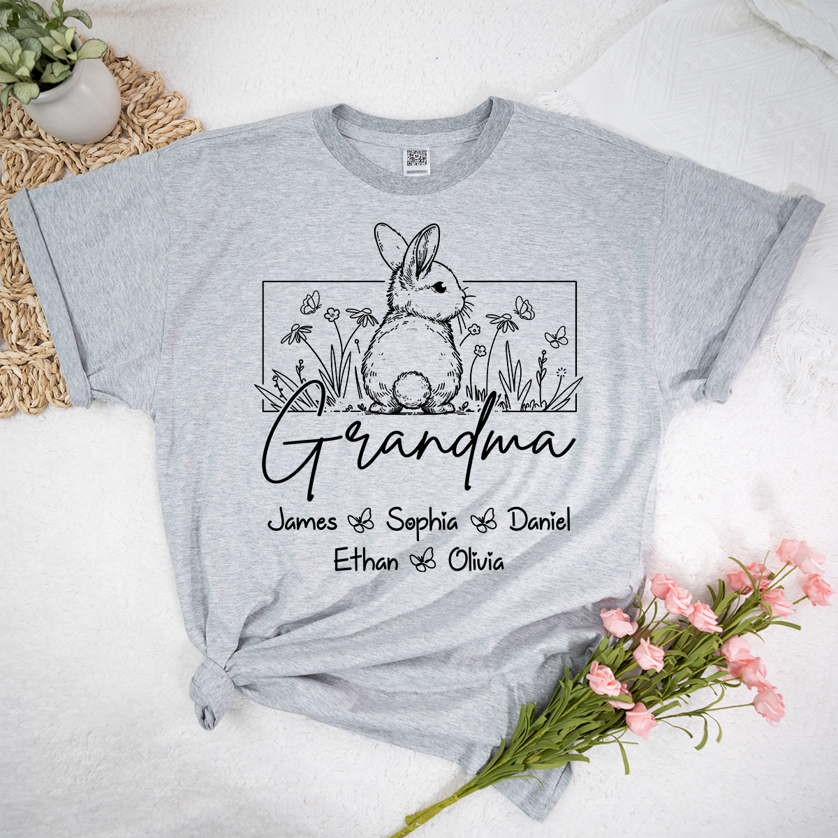 Personalized Grandma Bunny Shirt With Grandkids Names, Custom Easter Grandma Line Art T Shirt
