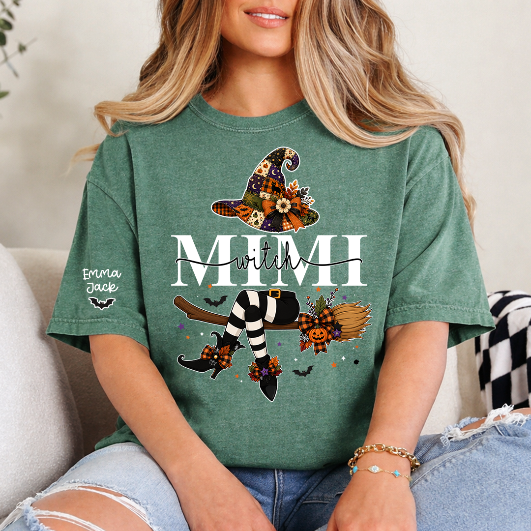 Personalized Grandma Mimi Halloween Shirt, Cute Witch and Pumpkin Design Tee, Custom Grandchildren Names T Shirt