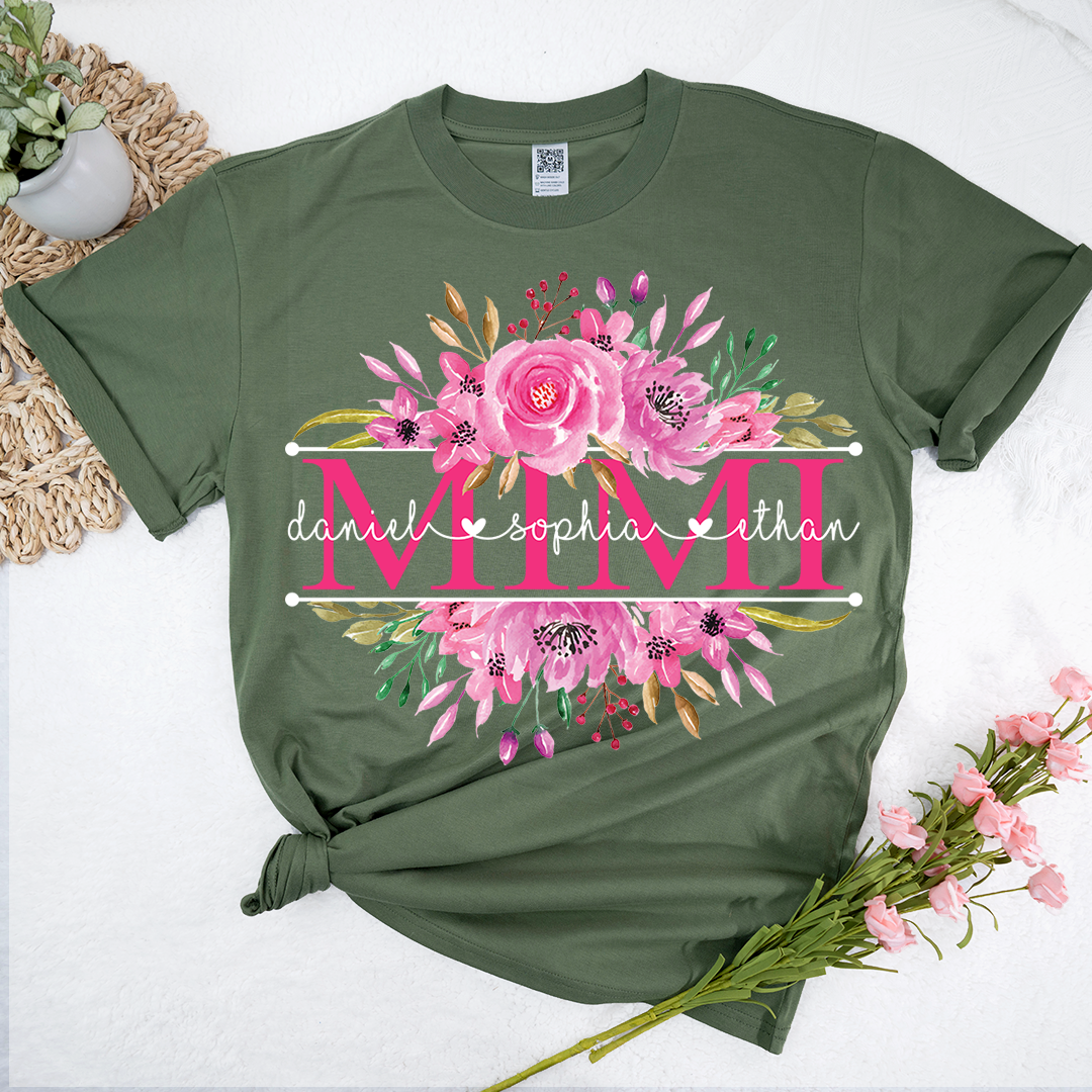 Custom Mimi T Shirt, Grandkids Names with Floral Rose Design Family Gift