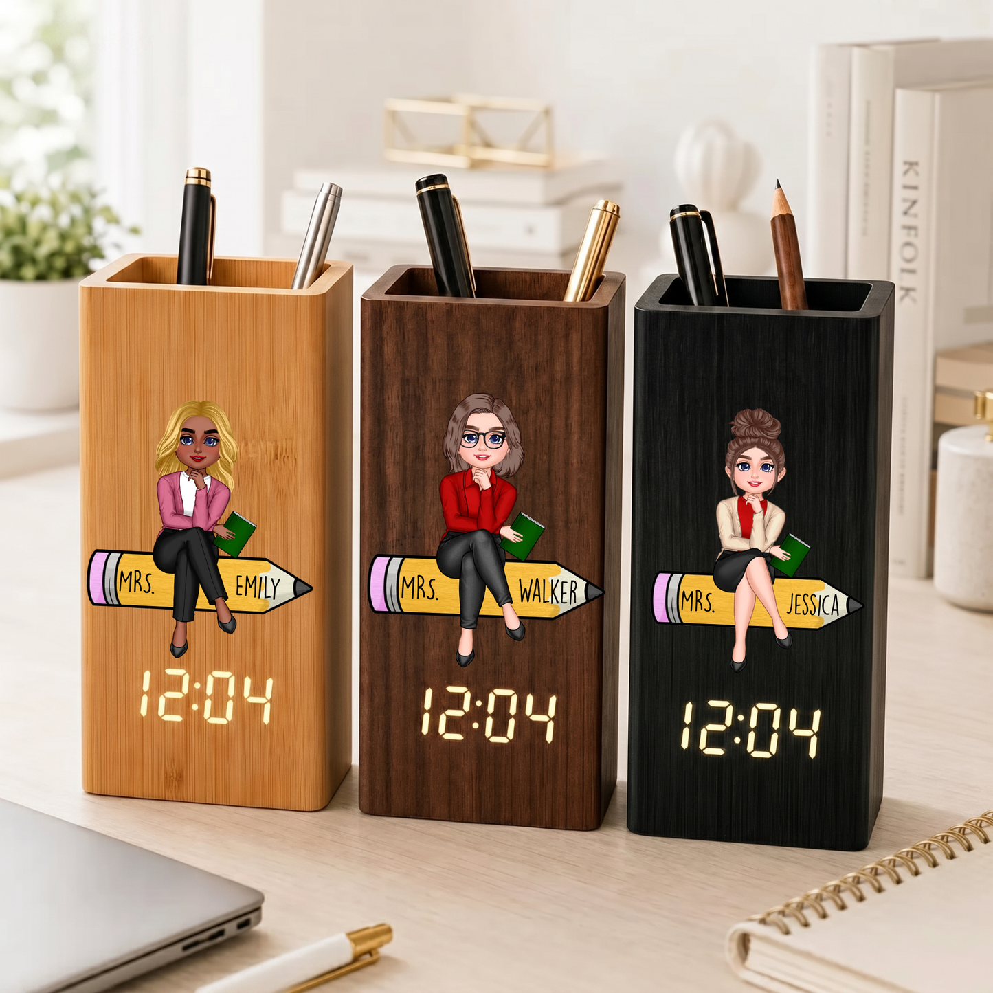 Personalized Teacher Desk Organizer With Clock, Custom Teacher Name Pen Holder, Appreciation Gift For Teachers Calendar Electronic Pen Holder