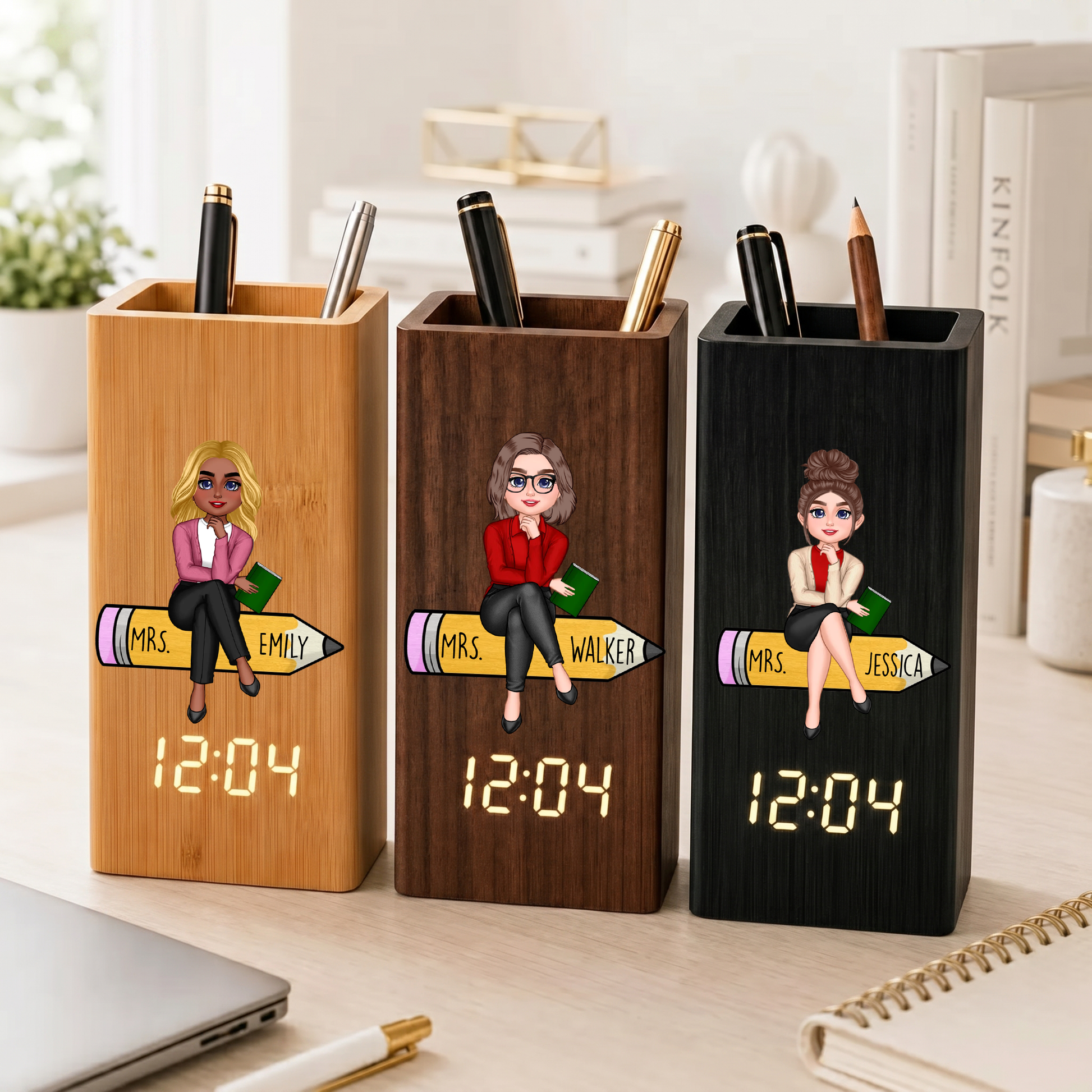 Personalized Teacher Desk Organizer With Clock, Custom Teacher Name Pen Holder, Appreciation Gift For Teachers Calendar Electronic Pen Holder