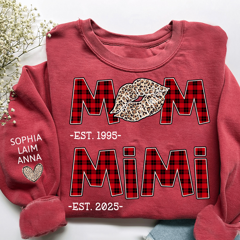Personalized Mom Mimi Sweatshirt, Custom Leopard Lips Plaid Letters
