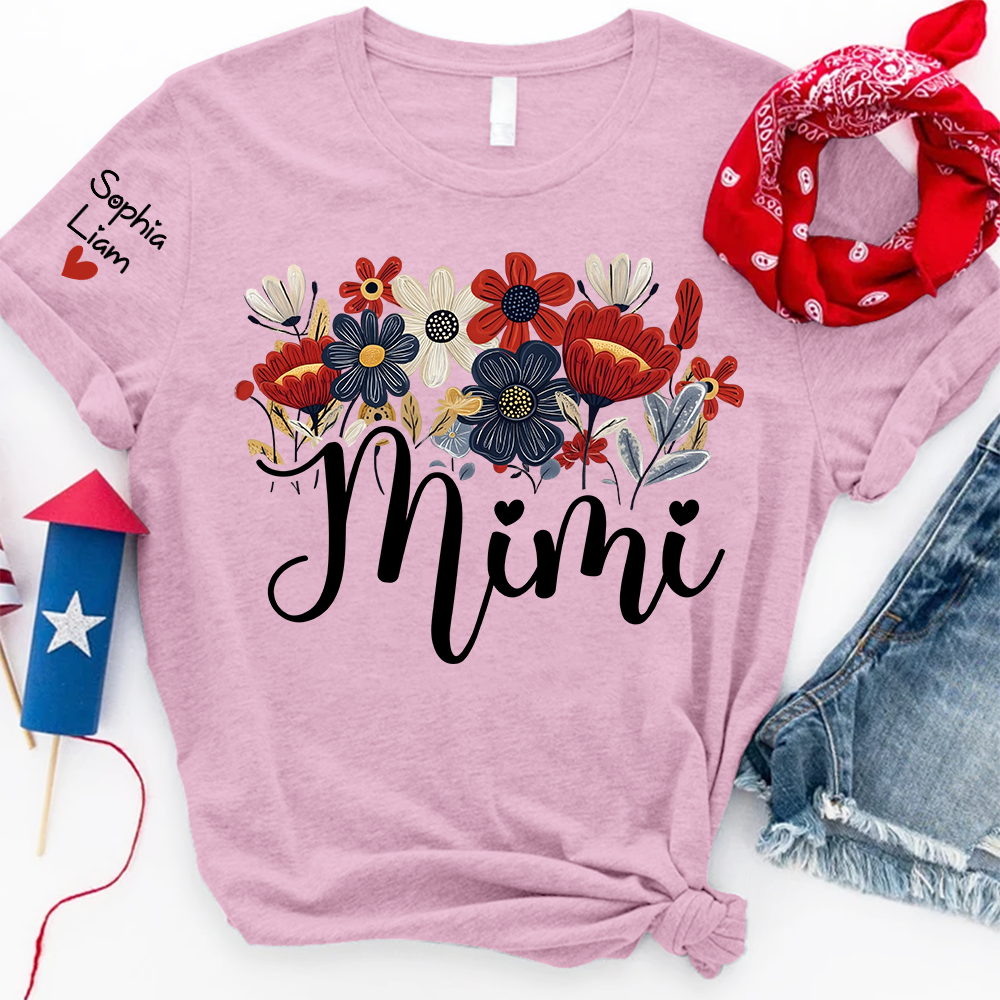 Personalized Grandma Mimi Shirt with Floral Design and Sleeve Names, 4th of July Shirt