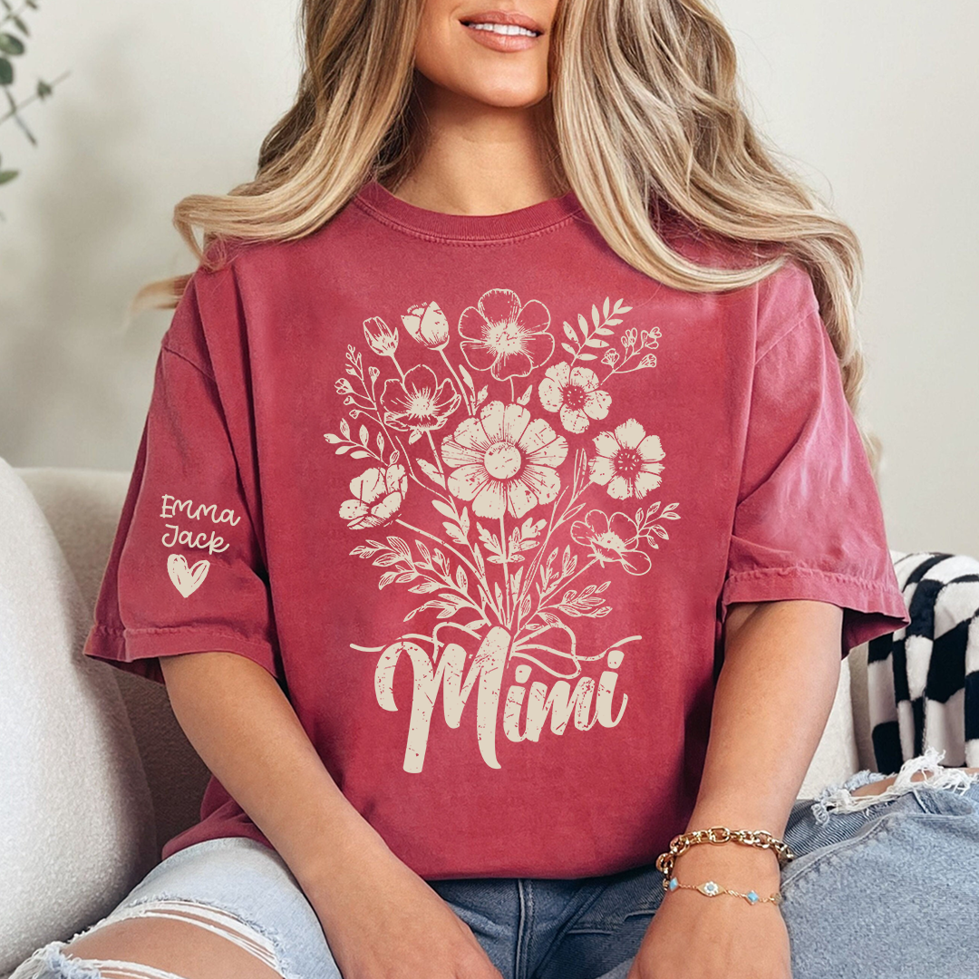Personalized Mimi Shirt with Vintage Flower Graphic, Custom Names Family Gift