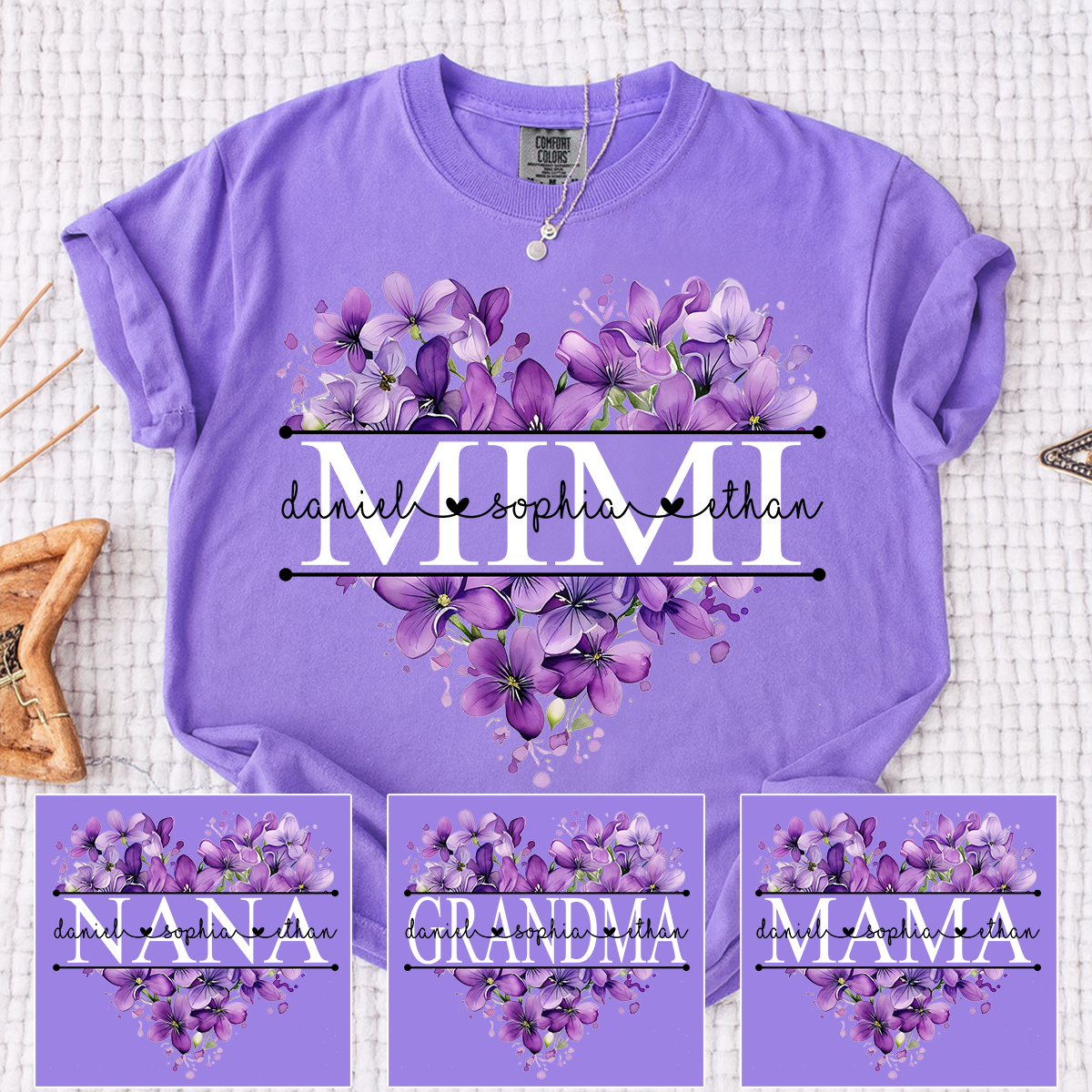 Comfort Colors Purple Floral Heart Mimi Shirt, Personalized Family Names and Violet Flower Design T Shirt