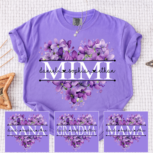 Comfort Colors Purple Floral Heart Mimi Shirt, Personalized Family Names and Violet Flower Design T Shirt