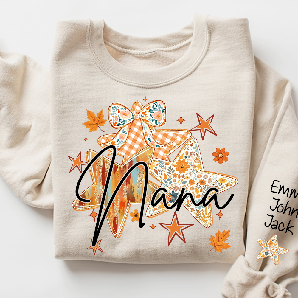 Personalized Nana Shirt for Women, Autumn Star Floral Design Tee, Custom Grandma T Shirt, Cozy Family Gift