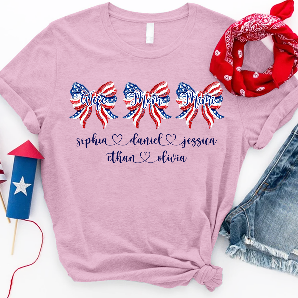 Custom Wife Mom Mimi Grandma Shirt, Patriotic Bow Tee with Family Names, Personalized Fourth of July Gift for Women