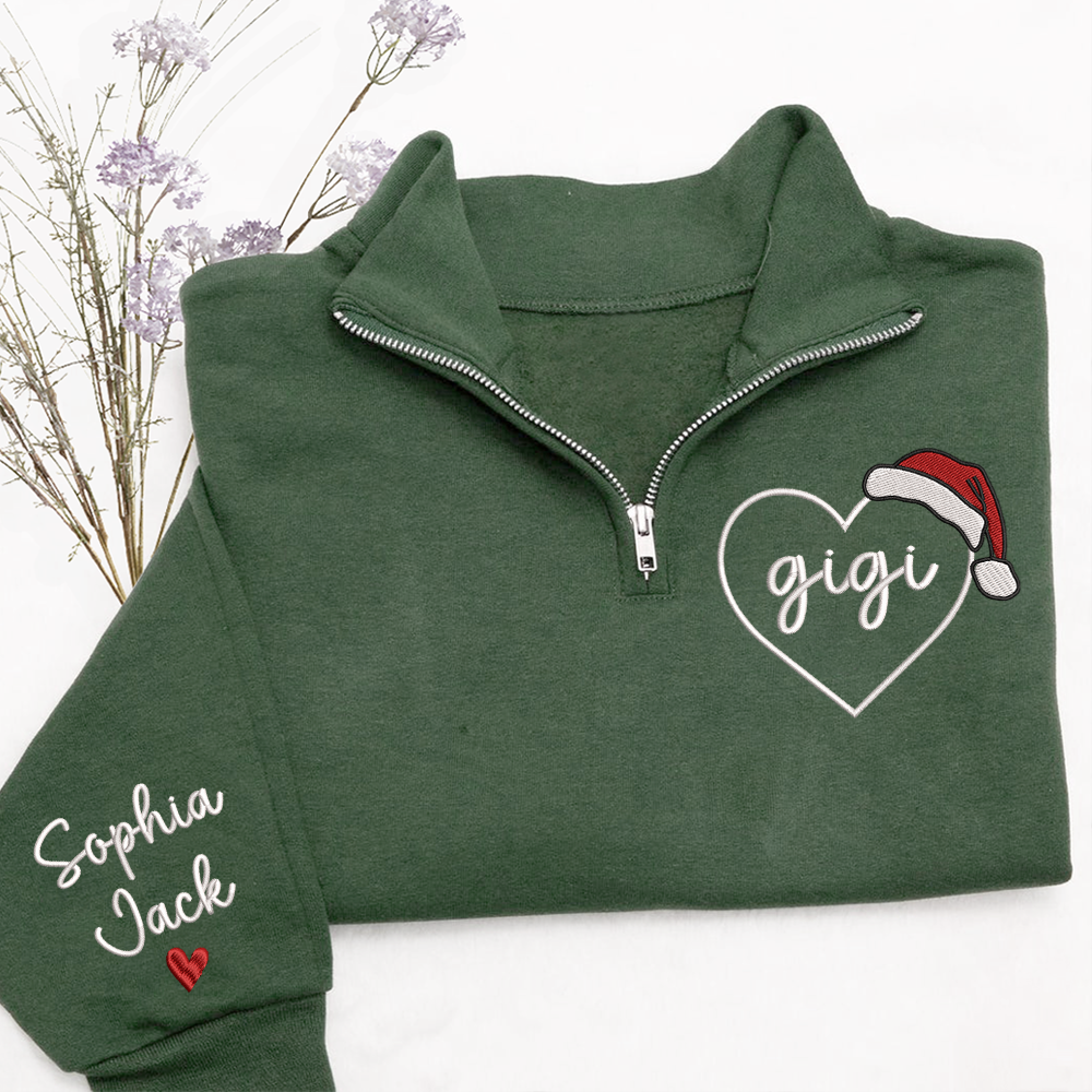 Custom Gigi Heart Zip Sweatshirt With Santa Hat – Personalized Christmas Gift For Grandma Or Gigi