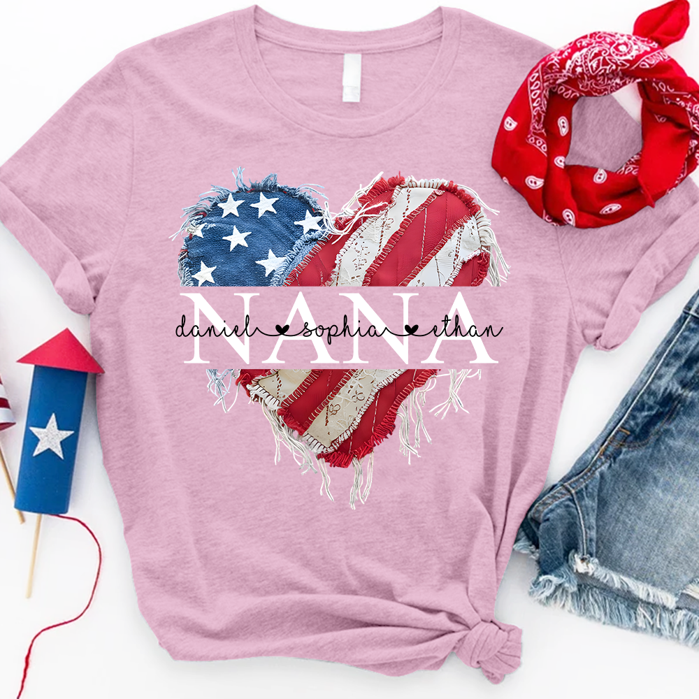 Personalized Nana T Shirt, Custom American Flag Heart Design with Family Names, Patriotic Gift for Nana