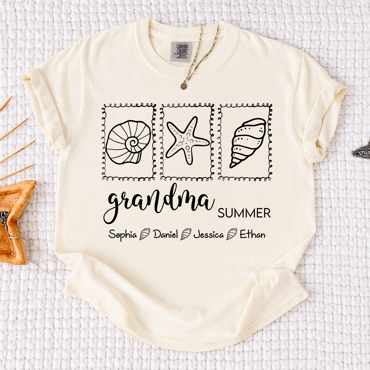 Comfort Colors Personalized Grandma Summer Shirt, Custom Grandkids Names Beach T-Shirt, Seashell Starfish Ocean Vacation Gift for Grandma