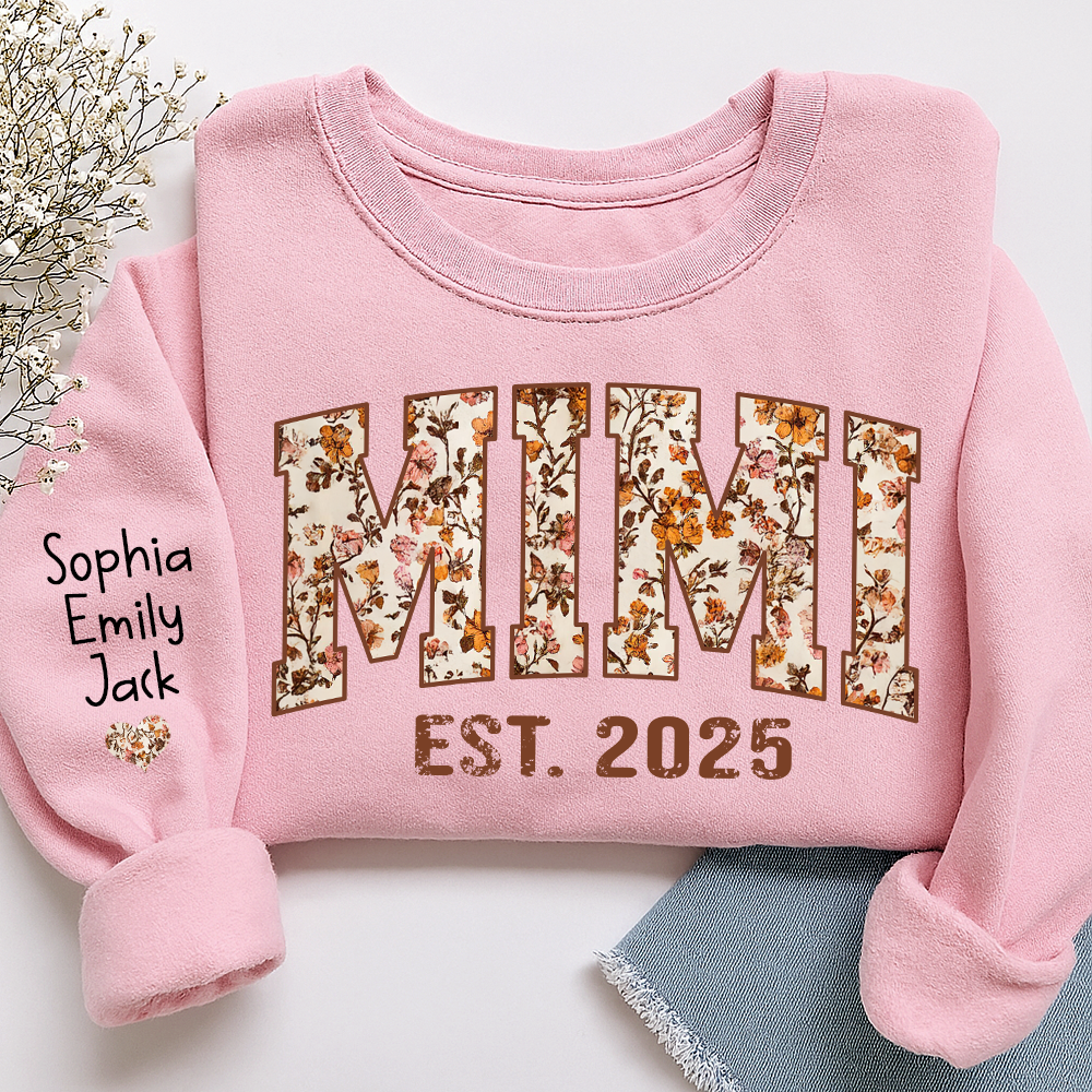 Personalized Fall Grandma, Fall Floral Sweatshirt with Name on Sleeve, Grandma Gift