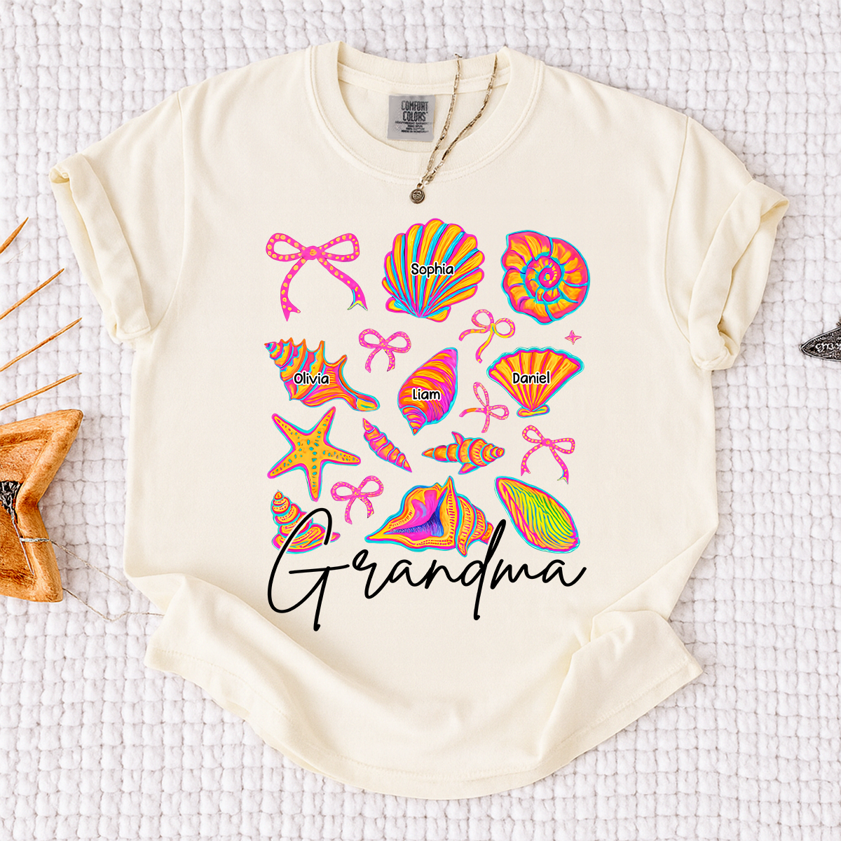Comfort Colors Personalized Grandma Shirt with Grandkids Names, Custom Beach Seashell Grandma Tee, Coastal Summer Family Gift for Grandmother