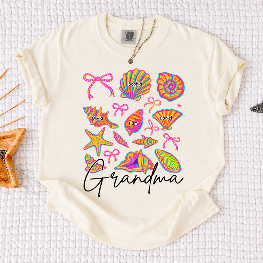 Comfort Colors Personalized Grandma Shirt with Grandkids Names, Custom Beach Seashell Grandma Tee, Coastal Summer Family Gift for Grandmother