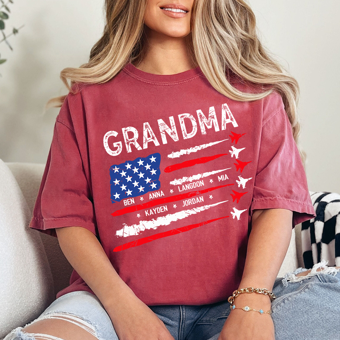 Patriotic Grandma Shirt with American Flag and Fighter Jet Design for 4th of July