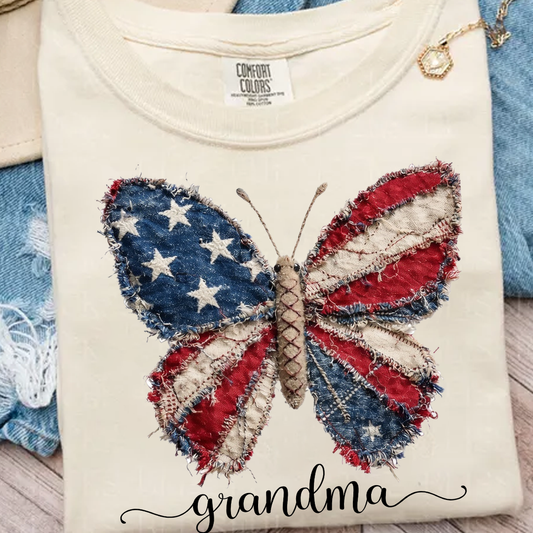 Comfort Colors Personalized Patriotic Butterfly Grandma Shirt, Custom Nana Mimi Gigi Tee, Vintage American Flag Butterfly Graphic, Grandmother Gift Family Apparel 4th of July U.S. 250th Anniversary Shirt