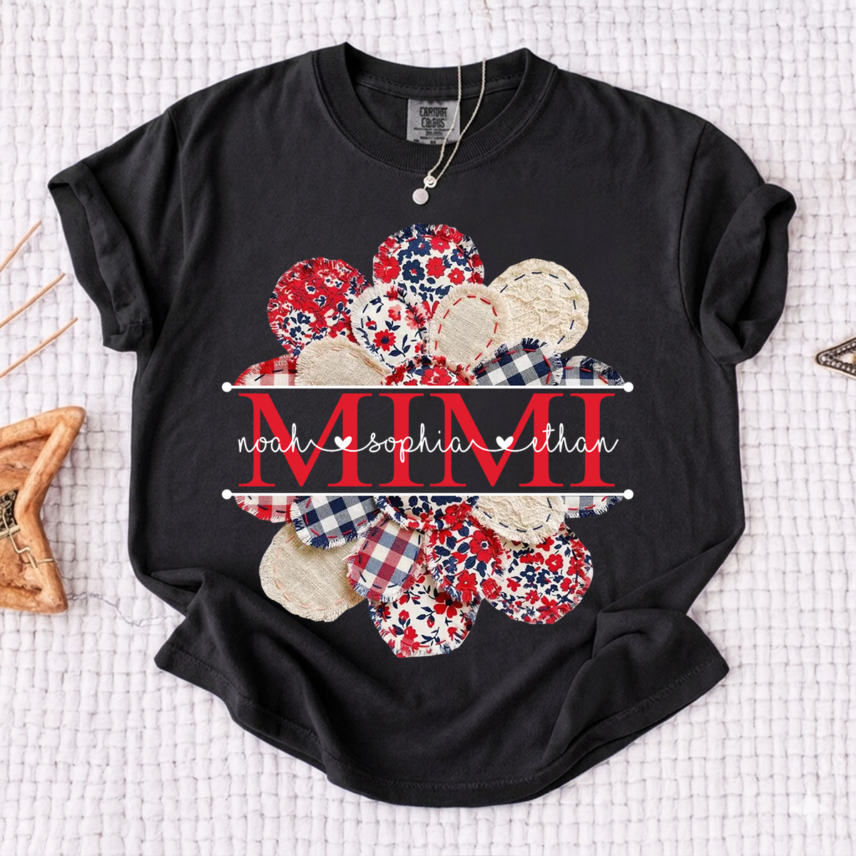 Comfort Colors Custom Mimi T-shirt with Grandkids Names, Red and Blue Floral Patchwork